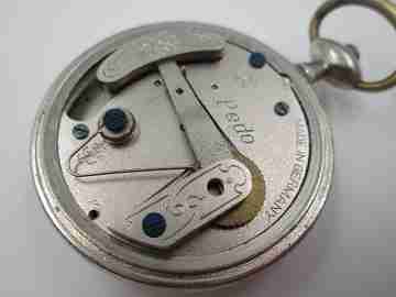 Pedo pocket pedometer. Silver metal. 1920's. White porcelain dial. Germany