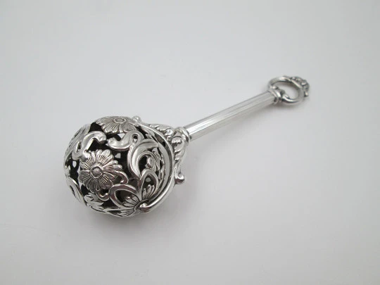 Pedro Duran baby rattle. 925 sterling silver. Flowers & vegetable motifs. 1990's