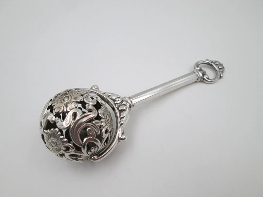 Pedro Duran baby rattle. 925 sterling silver. Flowers & vegetable motifs. 1990's