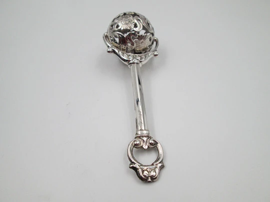 Pedro Duran baby rattle. 925 sterling silver. Flowers & vegetable motifs. Box. 1990's