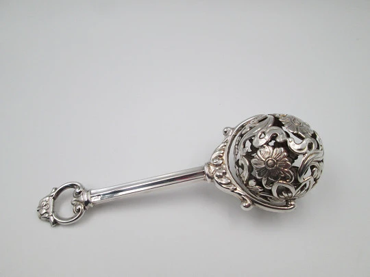 Pedro Duran baby rattle. 925 sterling silver. Flowers & vegetable motifs. Spain. 1990's