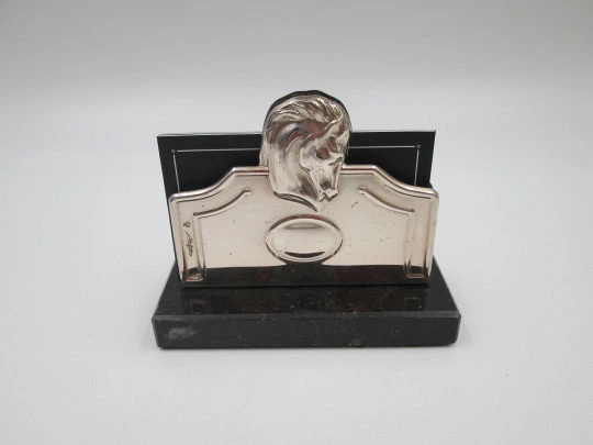 Pedro Durán cards desktop stand / letter holder. Sterling silver & marble. Horse motif