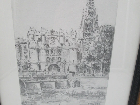 Pedro Saiz pen and ink drawing picture. Arch of Santa María (Burgos). 1990's
