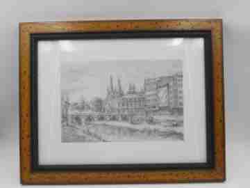 Pedro Saiz pen and ink drawing. San Pablo bridge & cathedral (Burgos). 1990's