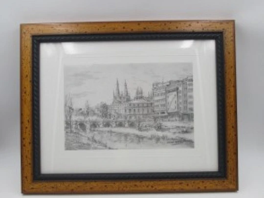 Pedro Saiz pen and ink drawing. San Pablo bridge & cathedral (Burgos). 1990's