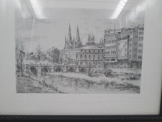 Pedro Saiz pen and ink drawing. San Pablo bridge & cathedral (Burgos). 1990's