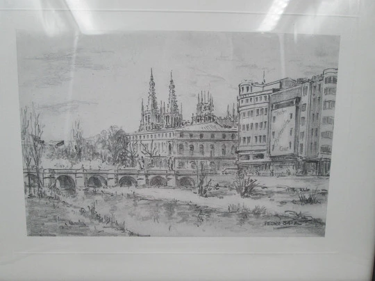 Pedro Saiz pen and ink drawing. San Pablo bridge & cathedral (Burgos). 1990's