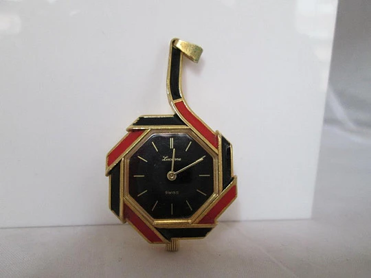 Pendant watch Lucerne. Golden metal. Black / red enamel. 1960's