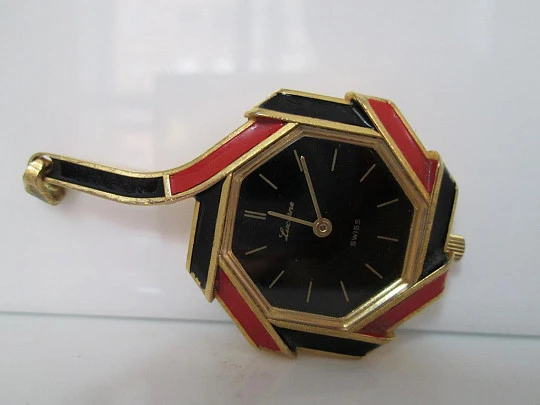 Pendant watch Lucerne. Golden metal. Black / red enamel. 1960's