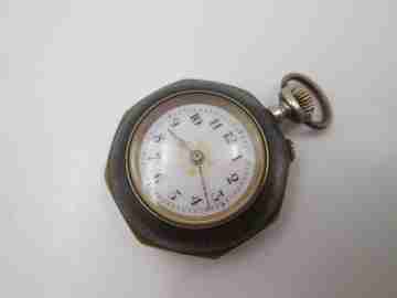 Pendant watch. Iron & gold plated. 1890's. Stem-wind. Pin-set. Porcelain dial
