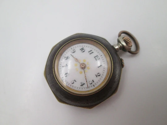 Pendant watch. Iron & gold plated. 1890's. Stem-wind. Pin-set. Porcelain dial