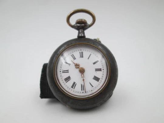 Pendant watch. Iron & gold plated. 1890's. Stem-wind. Pin-set. Porcelain dial