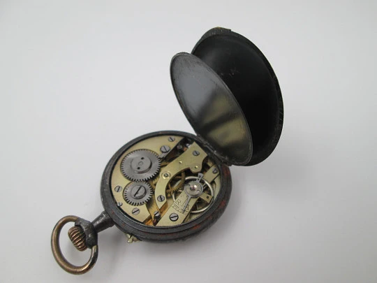 Pendant watch. Iron & gold plated. 1890's. Stem-wind. Pin-set. Porcelain dial