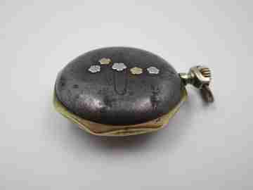 Pendant watch. Iron & gold plated. 1890's. Stem-wind. Pin-set. Porcelain dial