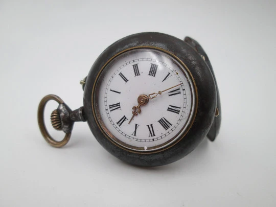 Pendant watch. Iron & gold plated. 1890's. Stem-wind. Pin-set. Porcelain dial