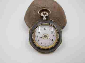 Pendant watch. Iron & gold plated. 1890's. Stem-wind. Pin-set. Porcelain dial