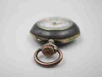 Pendant watch. Iron & gold plated. 1890's. Stem-wind. Pin-set. Porcelain dial