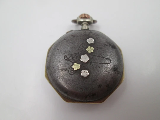 Pendant watch. Iron & gold plated. 1890's. Stem-wind. Pin-set. Porcelain dial