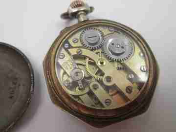 Pendant watch. Iron & gold plated. 1890's. Stem-wind. Pin-set. Porcelain dial