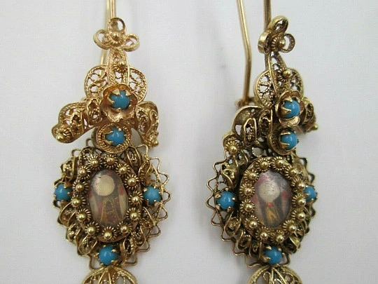 Pendientes filigrana mujer. Oro 18 quilates y turquesas. Relicario. 1910