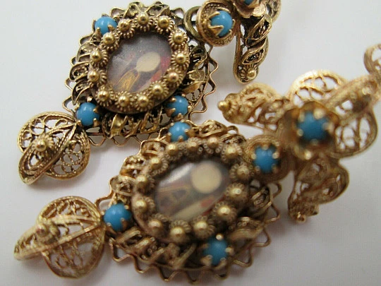 Pendientes filigrana mujer. Oro 18 quilates y turquesas. Relicario. 1910