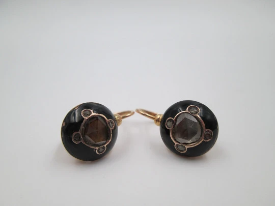 Pendientes oro 18k. Esmalte negro y diamantes talla antigua. 1900