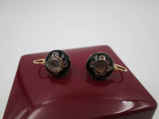 Pendientes oro 18k. Esmalte negro y diamantes talla antigua. 1900