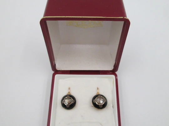 Pendientes oro 18k. Esmalte negro y diamantes talla antigua. 1900