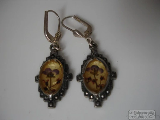 Pendientes. Plata 925 milésimas. Años 40. Cristal con flores. Cerco