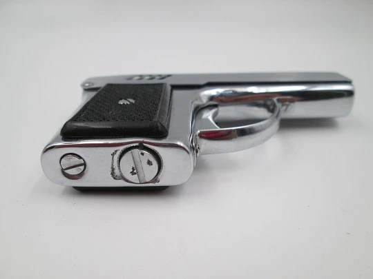 Penguin pocket petrol lighter. Aurora 45 pistol. Silver plated metal & black resin. Box. 1960's Penguin pocket petrol lighter. Aurora 45 pistol. Silver plated metal & black resin. Box. 1960's