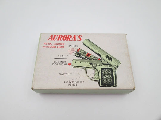 Penguin pocket petrol lighter. Aurora 45 pistol. Silver plated metal & black resin. Box. 1960's Penguin pocket petrol lighter. Aurora 45 pistol. Silver plated metal & black resin. Box. 1960's