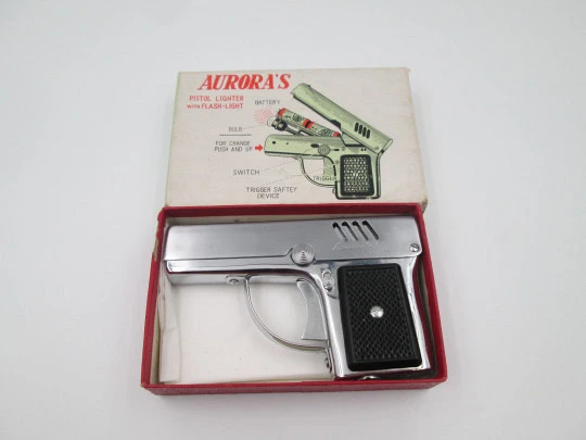 Penguin pocket petrol lighter. Aurora 45 pistol. Silver plated metal & black resin. Box. 1960's