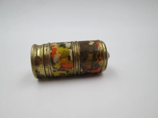 Petrol cylindrical pocket lighter. Golden metal & colored enamel. 1980's