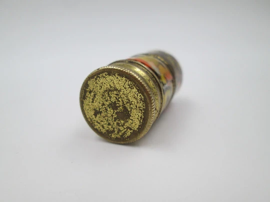 Petrol cylindrical pocket lighter. Golden metal & colored enamel. 1980's