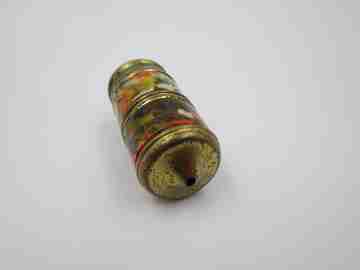 Petrol cylindrical pocket lighter. Golden metal & colored enamel. 1980's