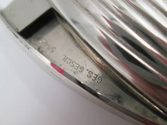 Pfeilring Solingen art deco cigar cutter. Silver plated metal. Ribbed motifs. 1930's. Germany