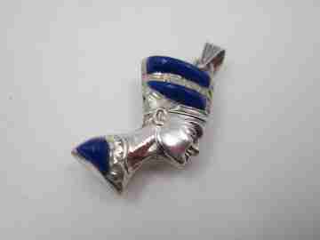 Pharaoh figure women's pendant. Sterling silver & colour stones. Ring on top. 1980's