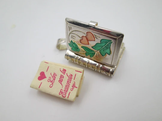 Photo frame pendant. Sterling silver. Leaves & hearts. Book shape. 1990's