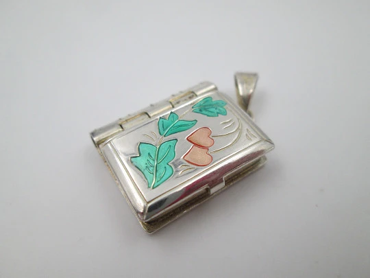 Photo frame pendant. Sterling silver. Leaves & hearts. Book shape. 1990's