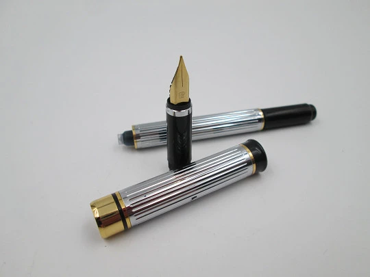 Pierre Cardin fountain pen. Silver and gold plated. Black resin. Cartridge. 1980's