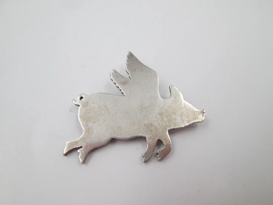 Pig with wings women's brooch. 925 sterling silver. Ring on back. 1980's