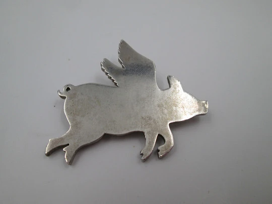 Pig with wings women's brooch. 925 sterling silver. Ring on back. 1980's