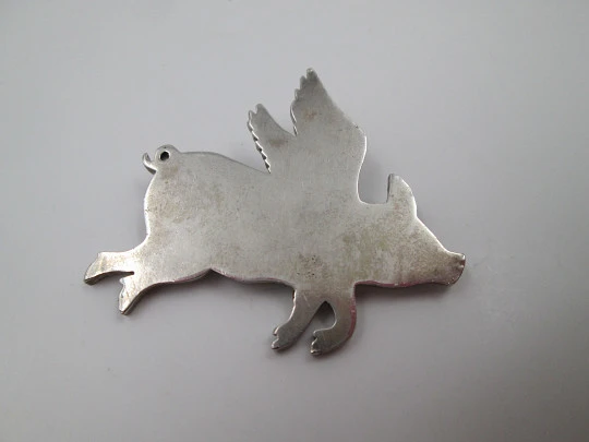 Pig with wings women's brooch. 925 sterling silver. Ring on back. 1980's