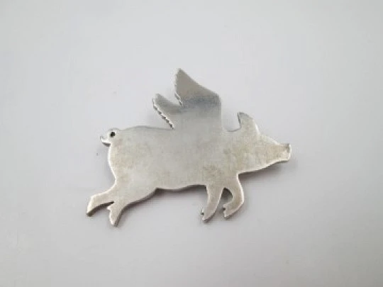 Pig with wings women's brooch. 925 sterling silver. Ring on back. 1980's