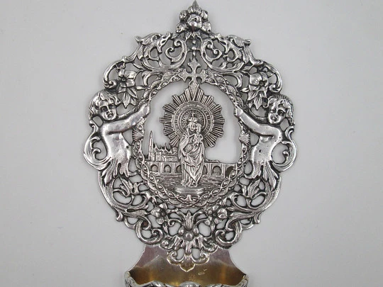 Pila benditera Nuestra Señora del Pilar. Plata de ley 925. España. Años 80