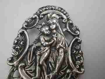Pila benditera Virgen con Niño. Plata de ley 925. España. Años 70