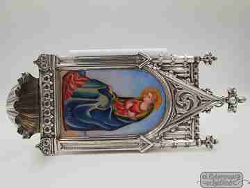 Pila benditera. Virgen leyendo. Plata 925. Pórtico. Esmalte Vallés