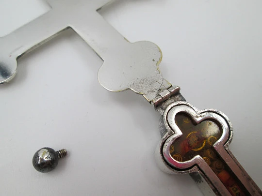 Pilgrim's cross with reliquary. Silver plated metal. Spain. 1940's