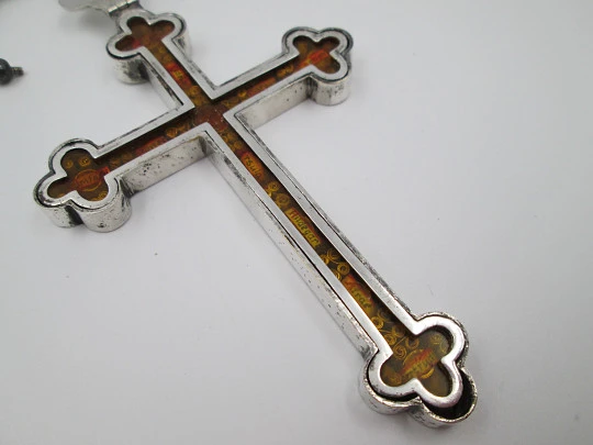 Pilgrim's cross with reliquary. Silver plated metal. Spain. 1940's