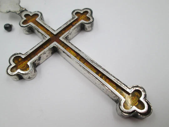 Pilgrim's cross with reliquary. Silver plated metal. Spain. 1940's